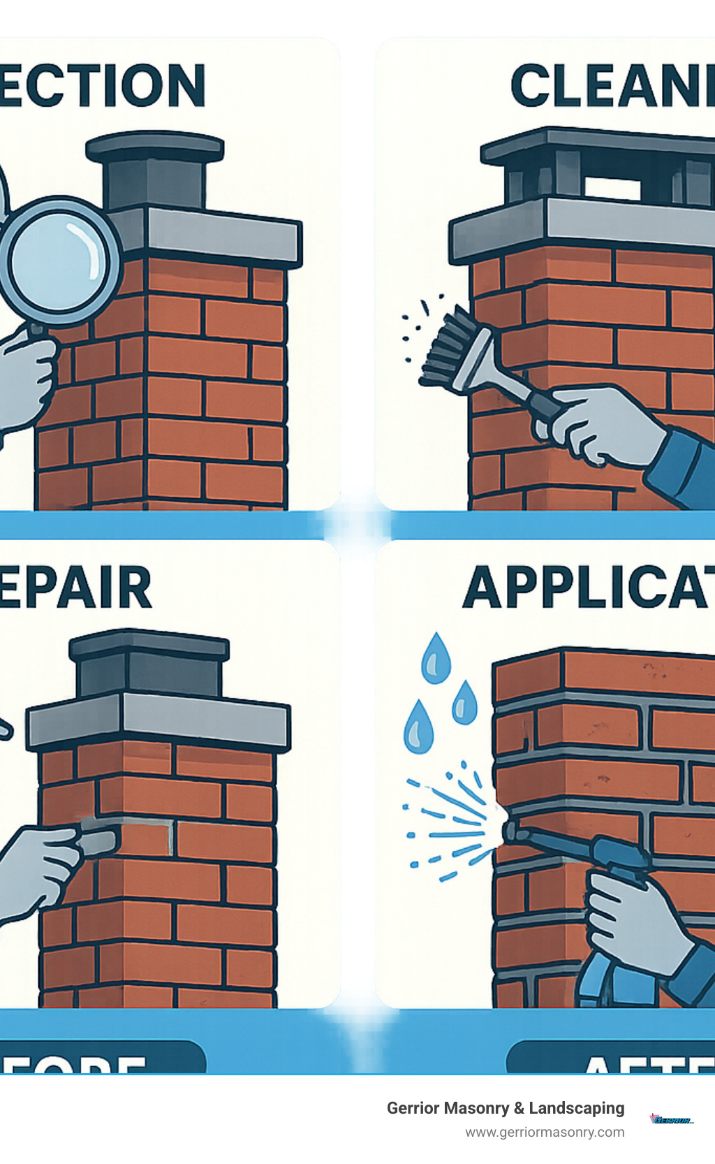 Detailed infographic showing chimney waterproofing process including inspection, cleaning, repair, and application steps with before/after comparison of treated vs untreated brick - chimney waterproofing near me infographic 