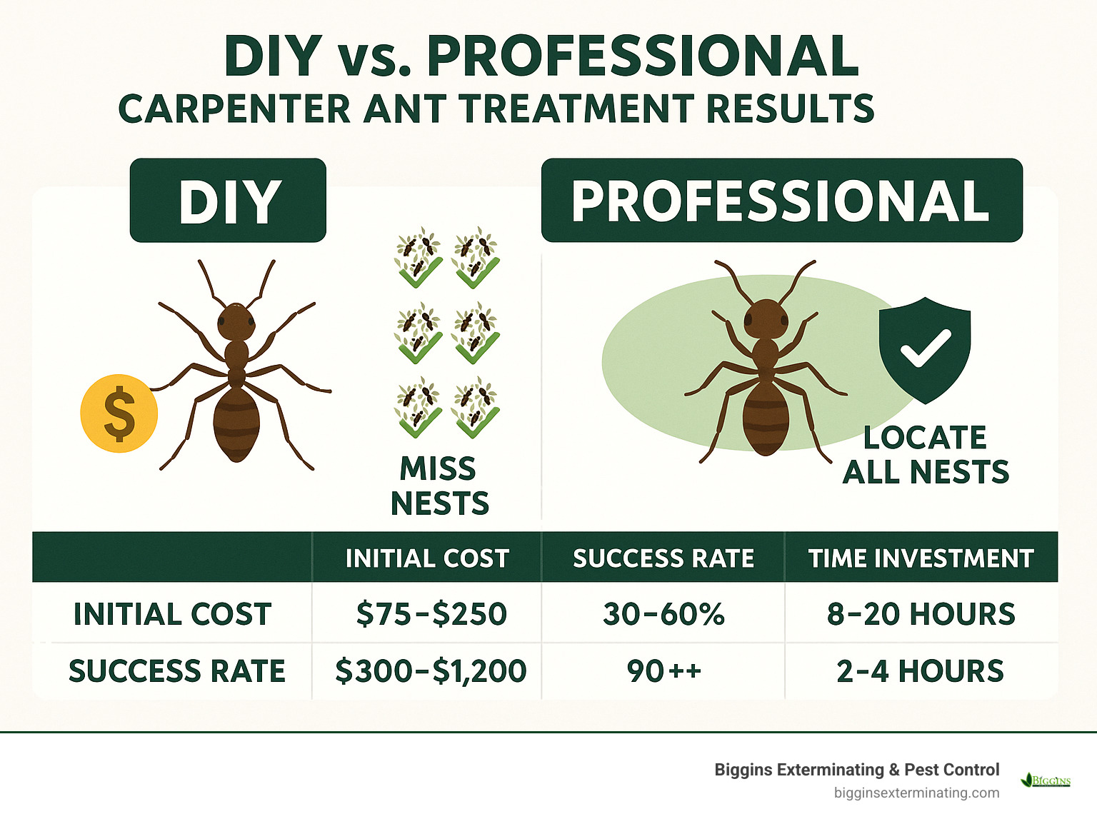 comparison of DIY vs professional carpenter ant treatment results - can pest control get rid of carpenter ants infographic 