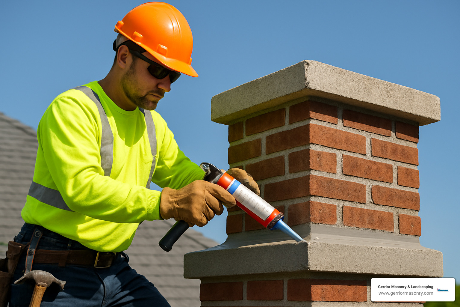 Technician applying chimney crown coating to protect against water damage - chimney waterproofing near me