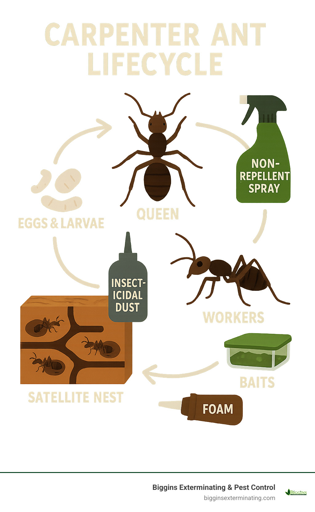 Carpenter ant lifecycle showing queen, workers, and satellite nest structure with professional treatment methods targeting each stage - can pest control get rid of carpenter ants infographic 