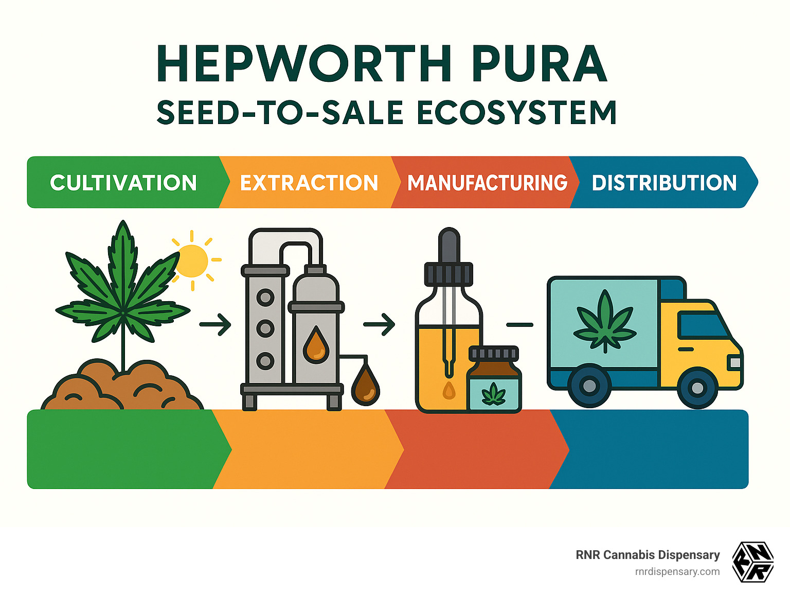 Hepworth Pura seed-to-sale ecosystem showing cultivation, extraction, manufacturing and distribution processes - hepworth pura infographic