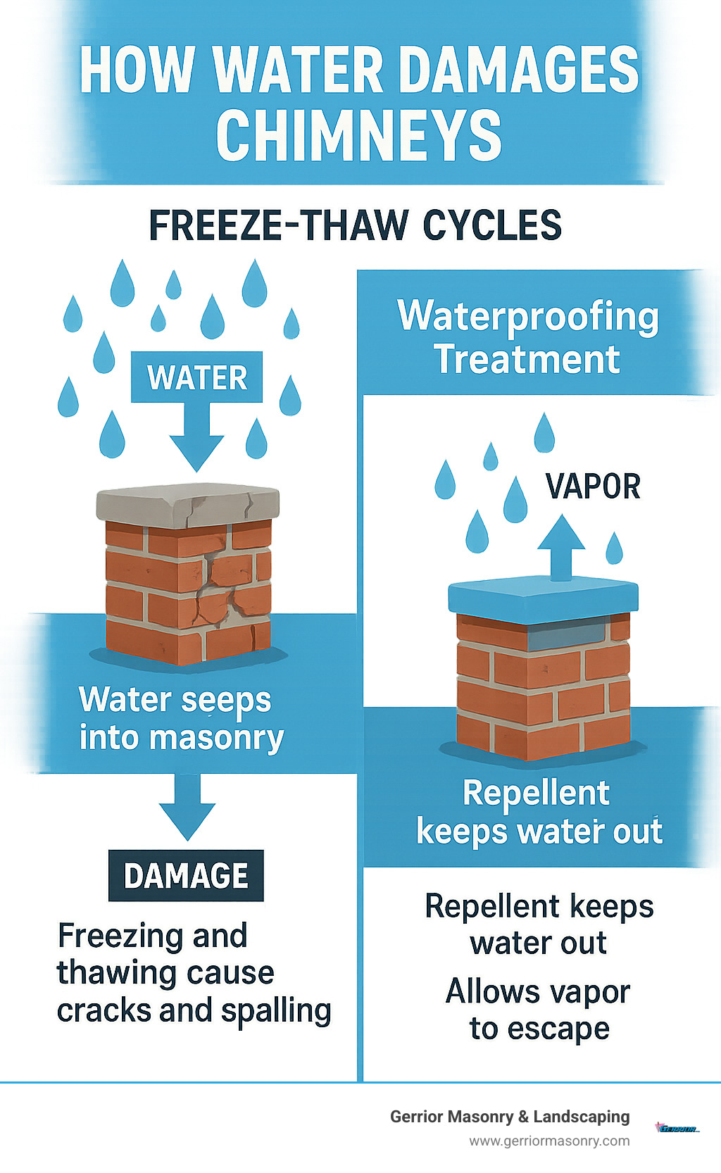 Infographic showing how water damages chimneys through freeze-thaw cycles and how waterproofing prevents this damage while allowing vapor to escape - chimney waterproofing near me infographic 