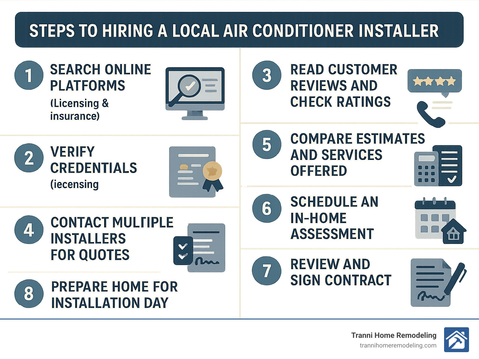 Your Guide to Finding Local Air Conditioner Installers 1 Steps to hiring a local air conditioner installer: 1. Search online platforms (Yelp, Google, Thumbtack), 2. Verify credentials (licensing and insurance), 3. Read customer reviews and check ratings, 4. Contact multiple installers for quotes, 5. Compare estimates and services offered, 6. Schedule an in-home assessment, 7. Review and sign contract, 8. Prepare home for installation day - air conditioner installer near me infographic