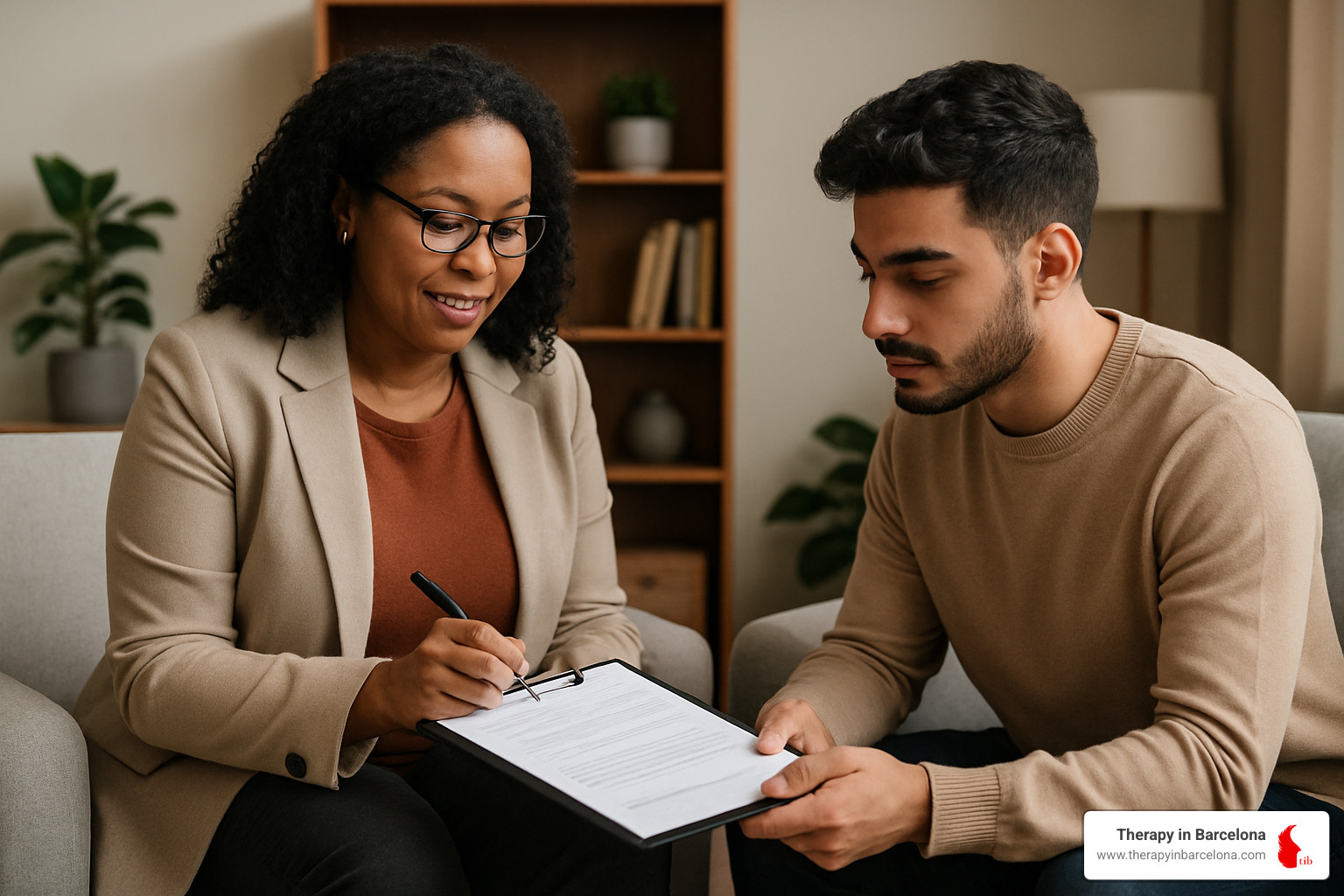 therapist and client discussing intake form - best counselors near me