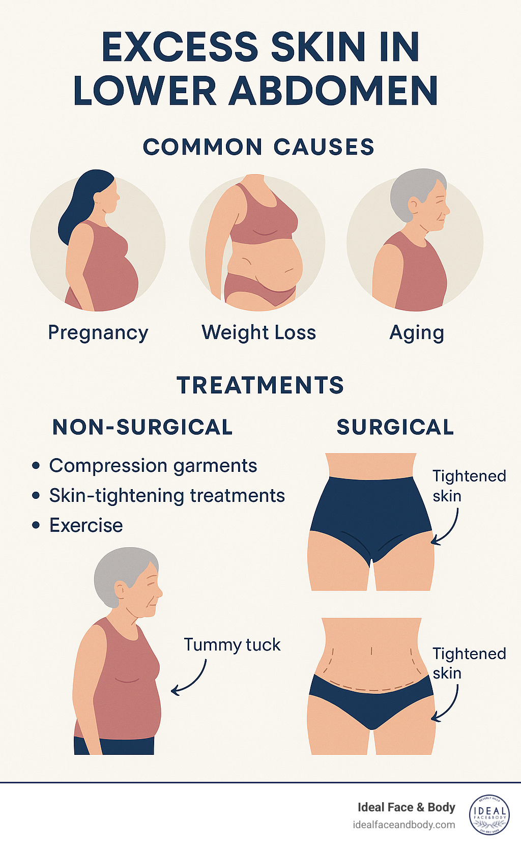 Common causes and treatments for excess skin in lower abdomen showing pregnancy, weight loss, and aging as causes, alongside non-surgical and surgical treatment options with their expected results - excess skin lower abdomen infographic 