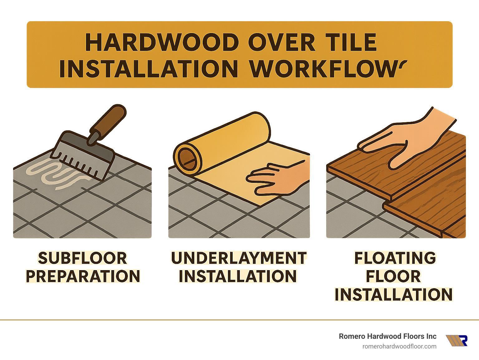 Hardwood over tile installation workflow showing subfloor preparation, underlayment installation, and floating floor installation methods - can you install hardwood floors over tile infographic 