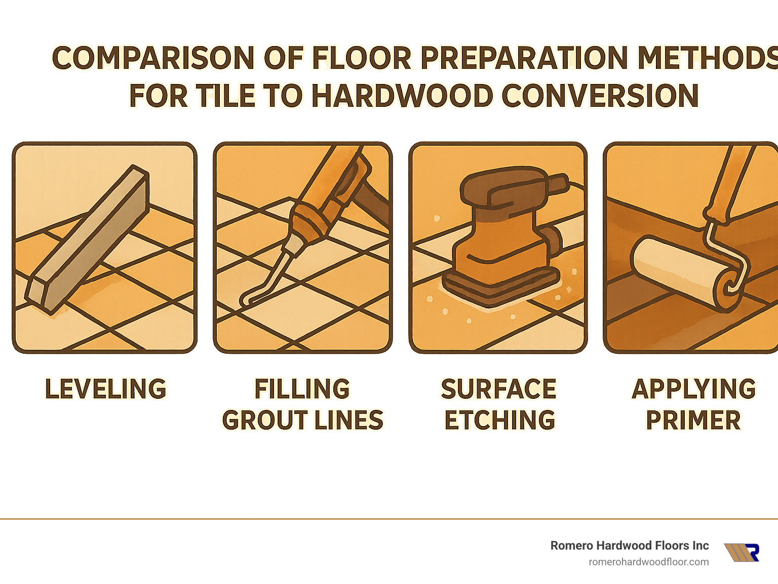 Comparison of different floor preparation methods for tile to hardwood conversion - can you install hardwood floors over tile infographic 