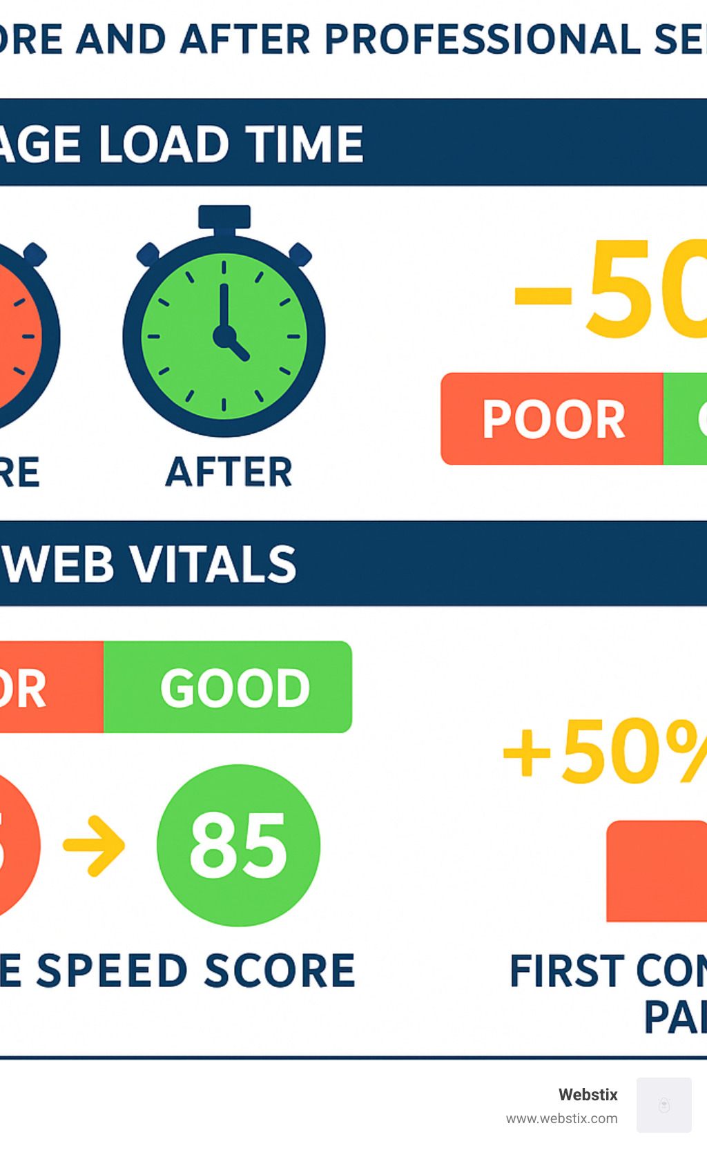Website speed optimization results before and after professional service - site speed optimization service infographic 