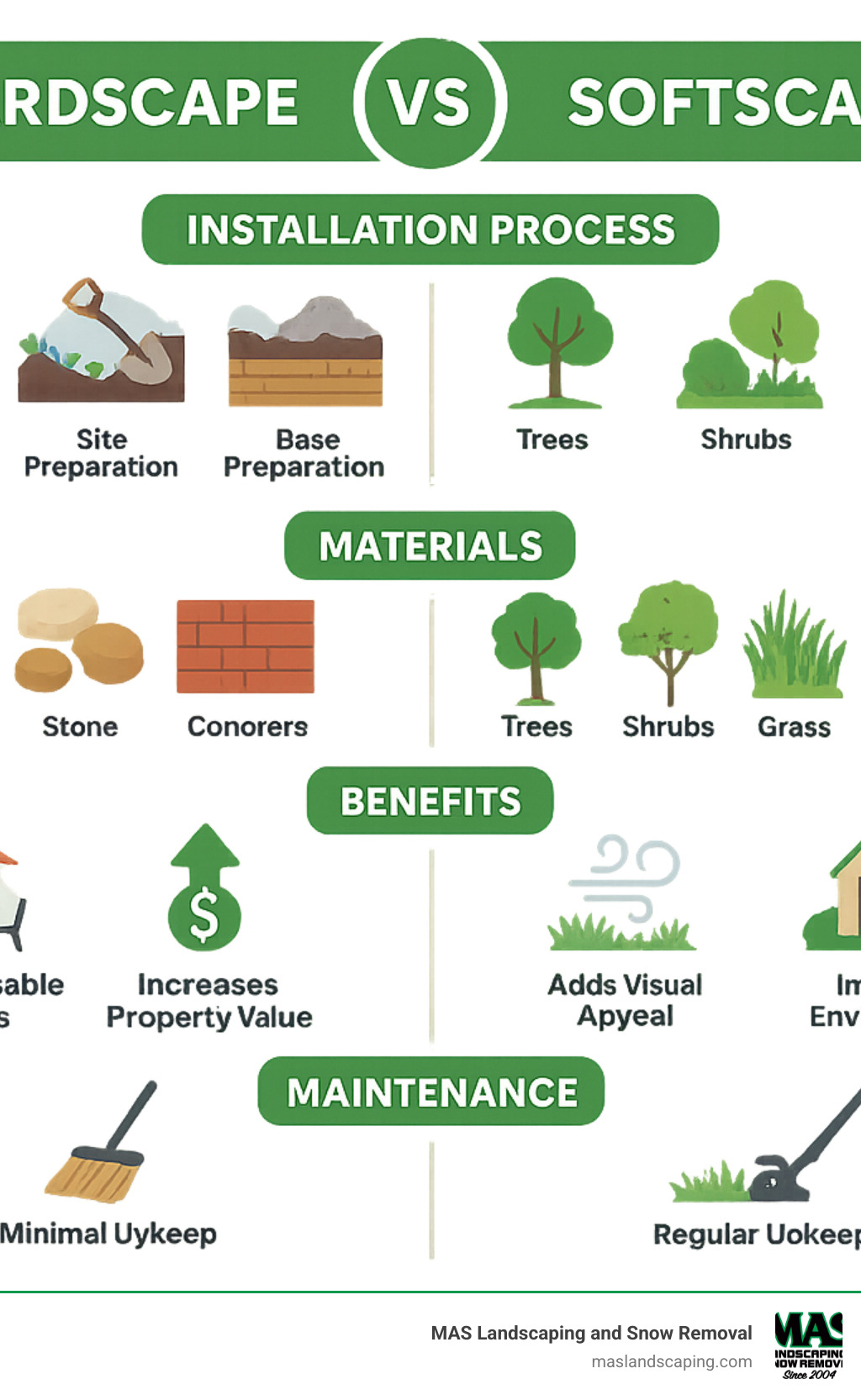 Hardscape vs Softscape comparison showing installation process steps, materials, benefits, and maintenance requirements for each type - hardscape install infographic 