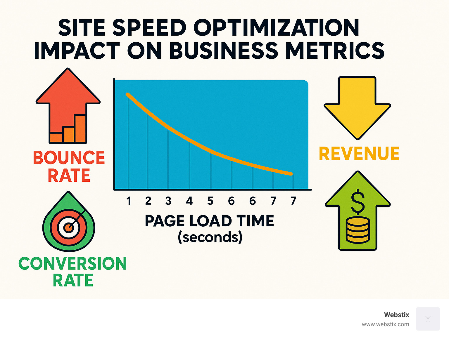 Site speed optimization impact on business metrics showing correlation between page load time and bounce rate, conversion rate, and revenue - site speed optimization service infographic 