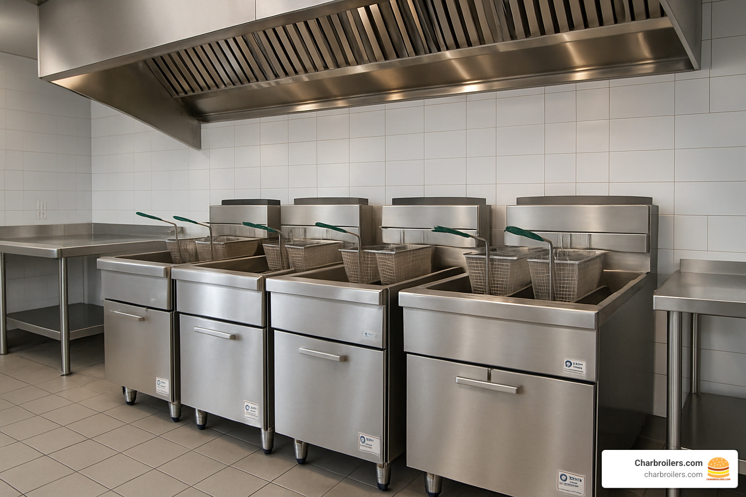 Commercial kitchen with properly installed deep fryers under ventilation hood - commercial deep fryers
