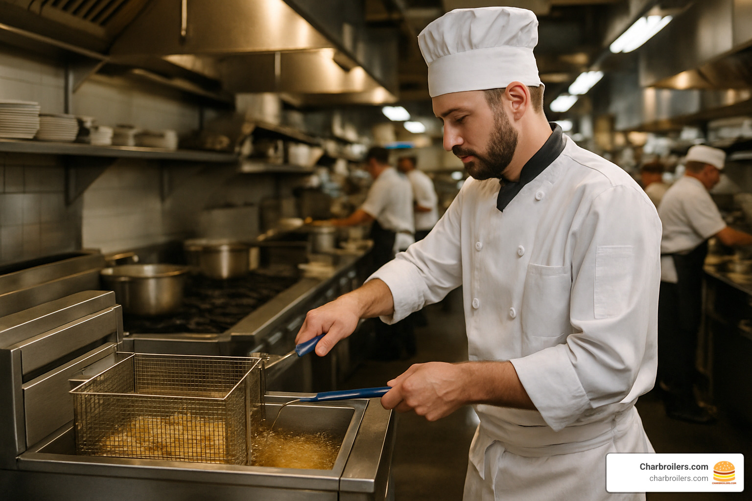 Chef using a commercial deep fryer in a busy restaurant kitchen - commercial deep fryers