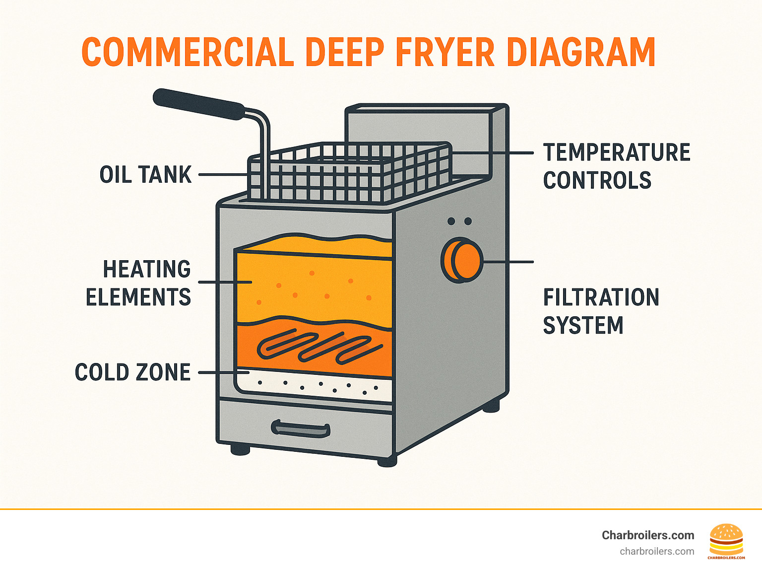 Commercial deep fryer diagram showing key components including oil tank, heating elements, cold zone, temperature controls, and filtration system - commercial deep fryers infographic 