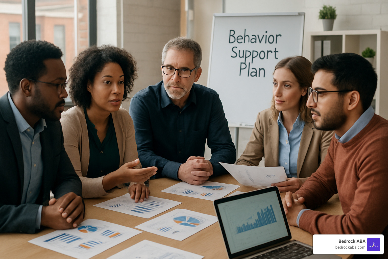 Team meeting reviewing behavior data charts and discussing implementation - behavior support plan aba