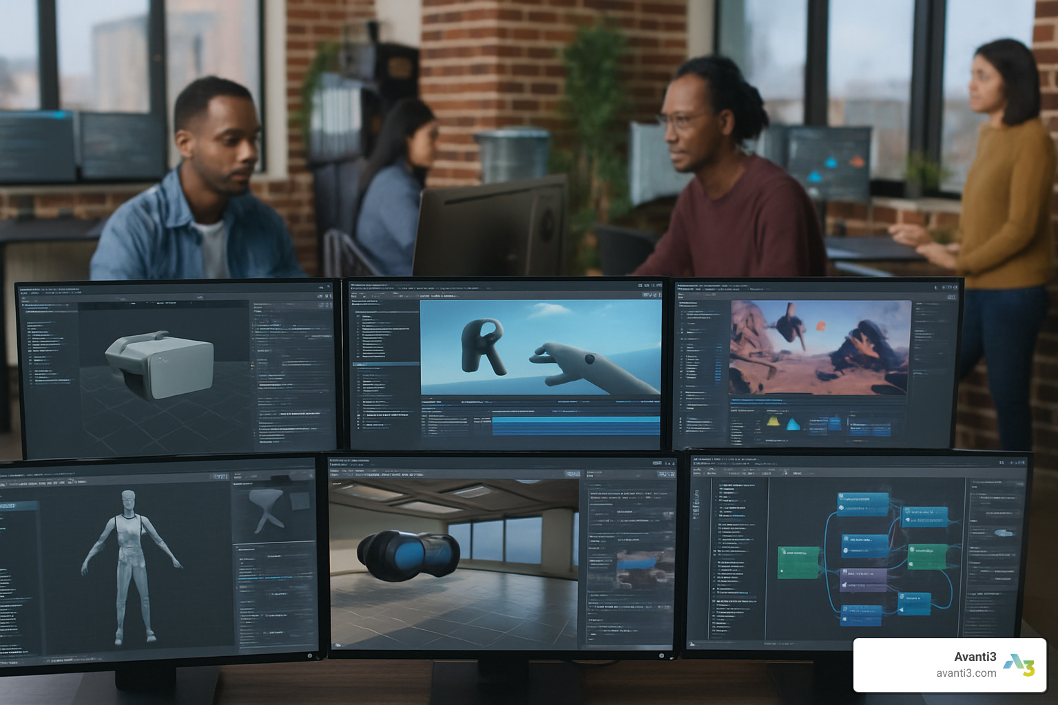 Multiple VR content creation tool dashboards showing interfaces for 3D modeling, animation, and interactive design - VR content creation tools