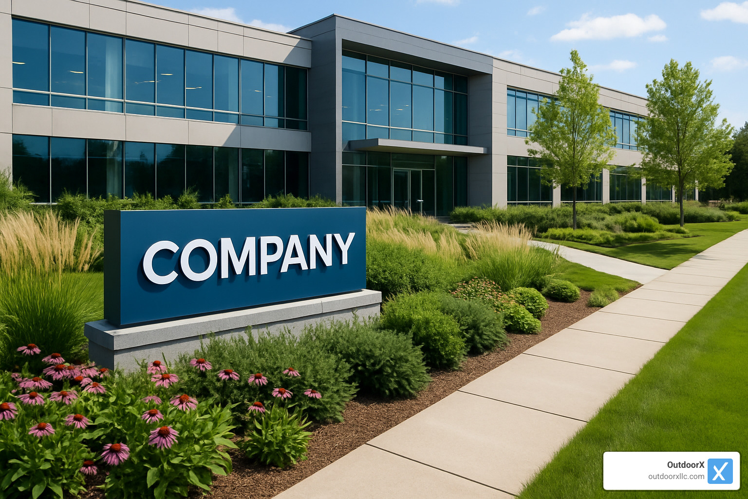 corporate landscape with branded elements and native plantings - commercial landscaping beverly ma