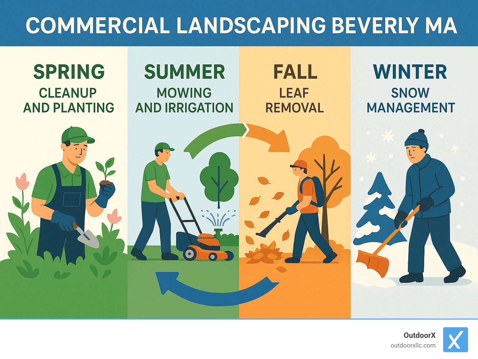 Commercial landscaping lifecycle showing the four seasons with corresponding maintenance tasks for each: spring cleanup and planting, summer mowing and irrigation, fall leaf removal, and winter snow management for Beverly MA businesses - commercial landscaping beverly ma infographic 