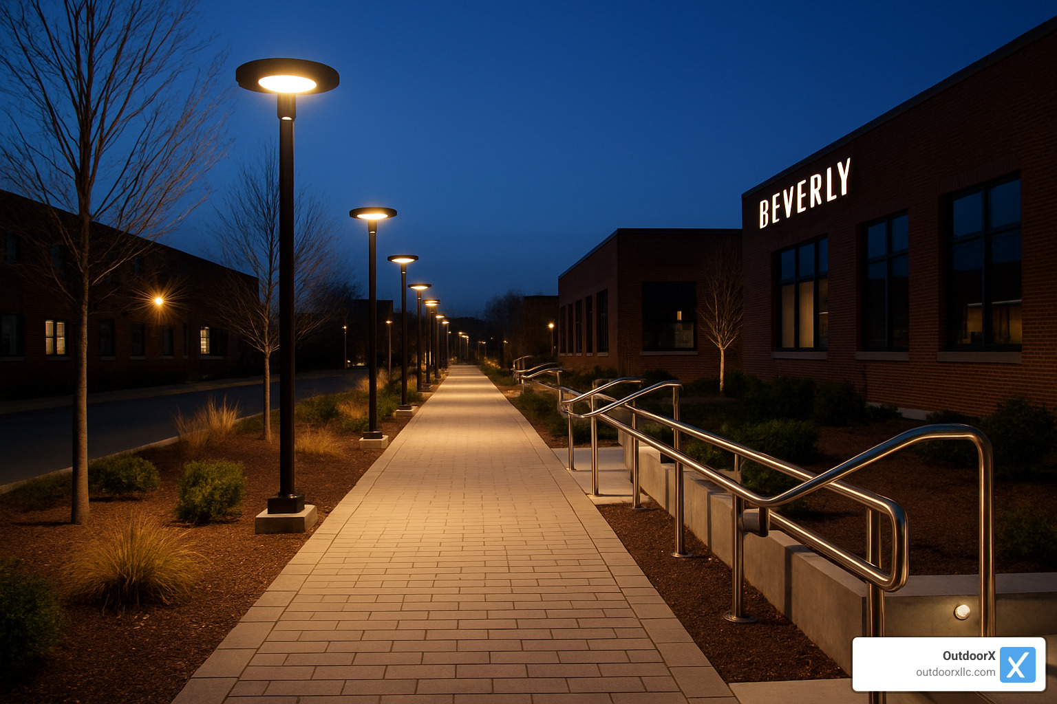 well-lit commercial walkway with safety features - commercial landscaping beverly ma
