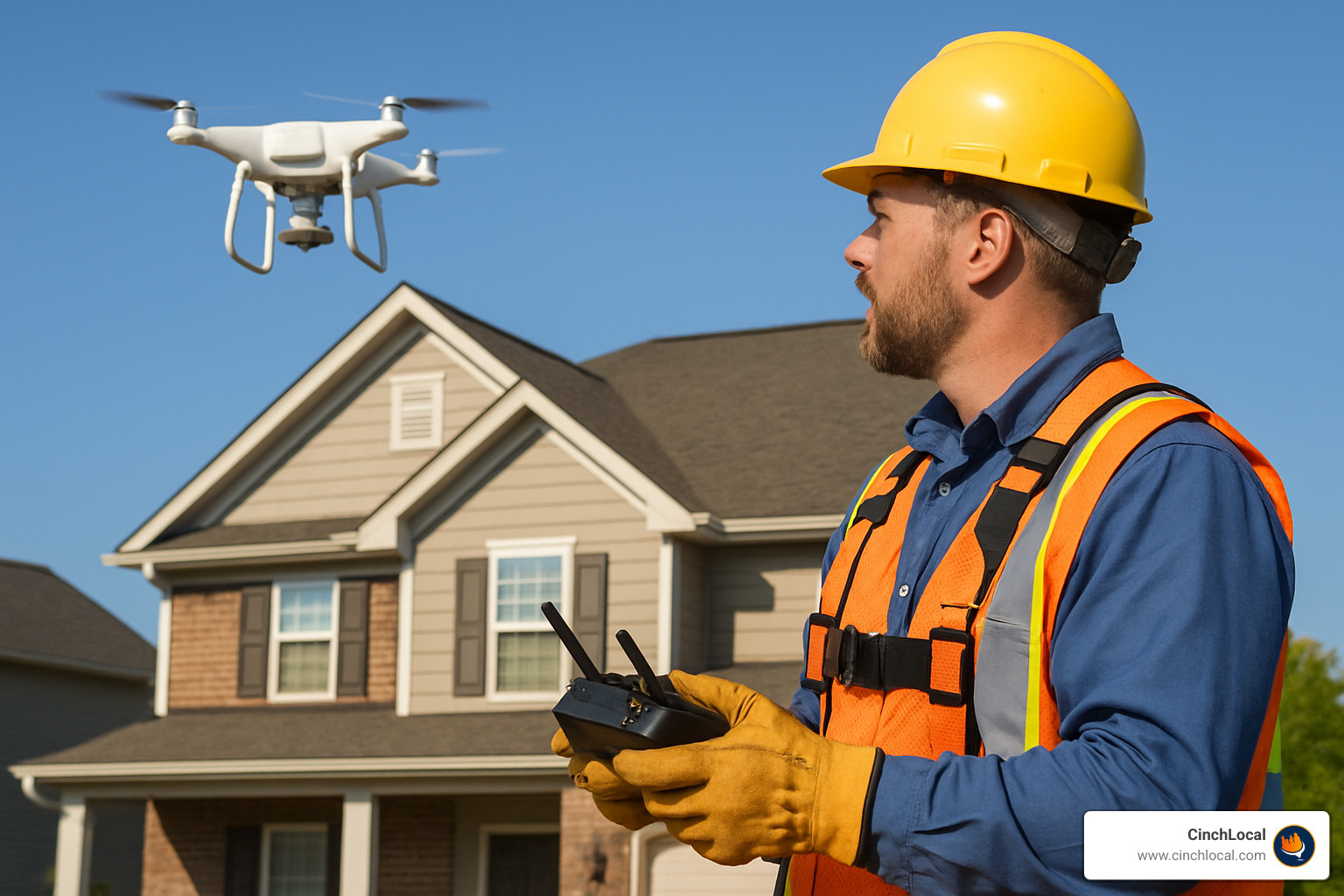 roofing contractor with drone taking roof photos - how to make a roofer website