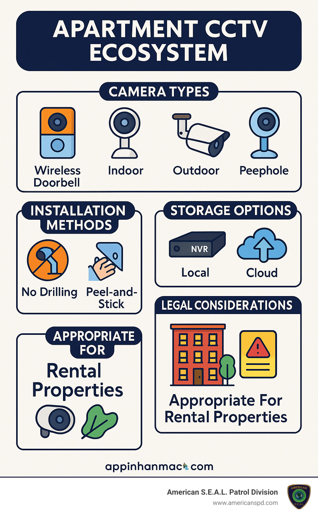 Apartment CCTV ecosystem showing camera types, installation methods, storage options, and legal considerations for rental properties - Apartment CCTV systems infographic 