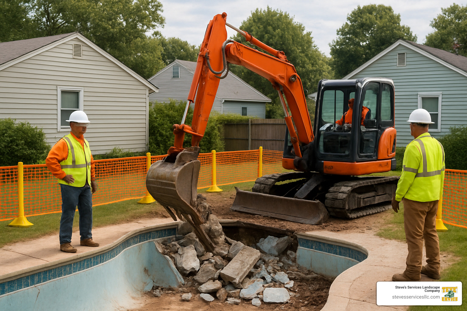 excavator removing pool debris with safety barriers in place - Pool Demolition Services