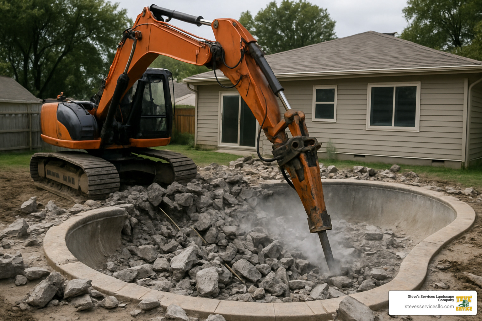 pool demolition in progress showing excavator breaking concrete - Pool Demolition Services