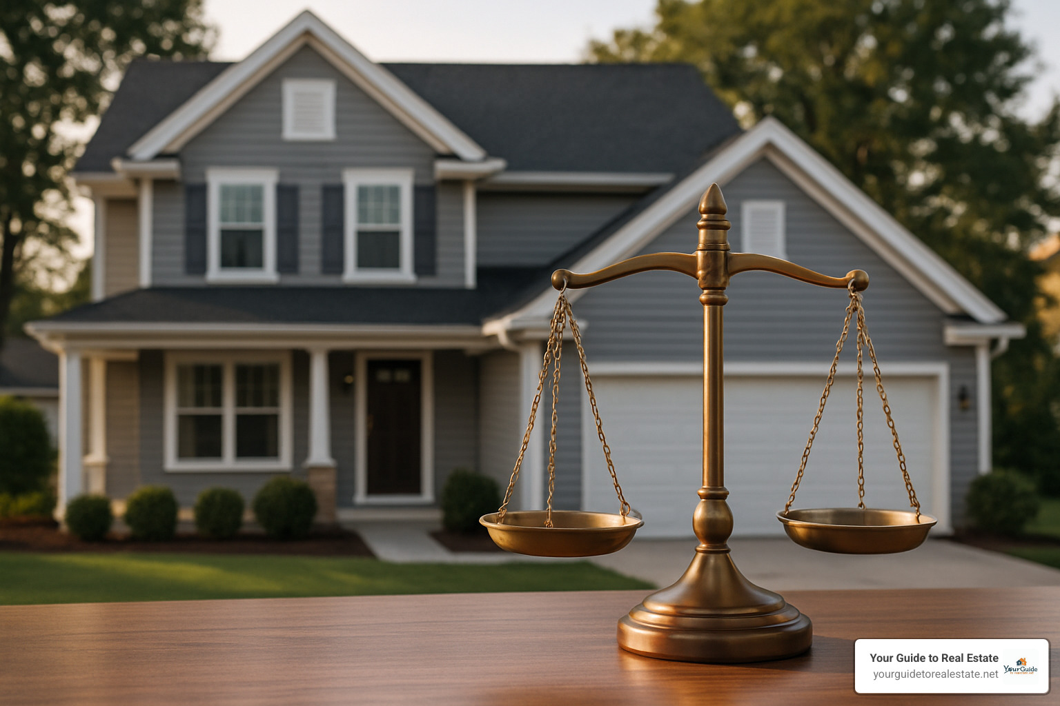 Symbolic image of legal scales next to a house, representing compliance responsibilities for brokers