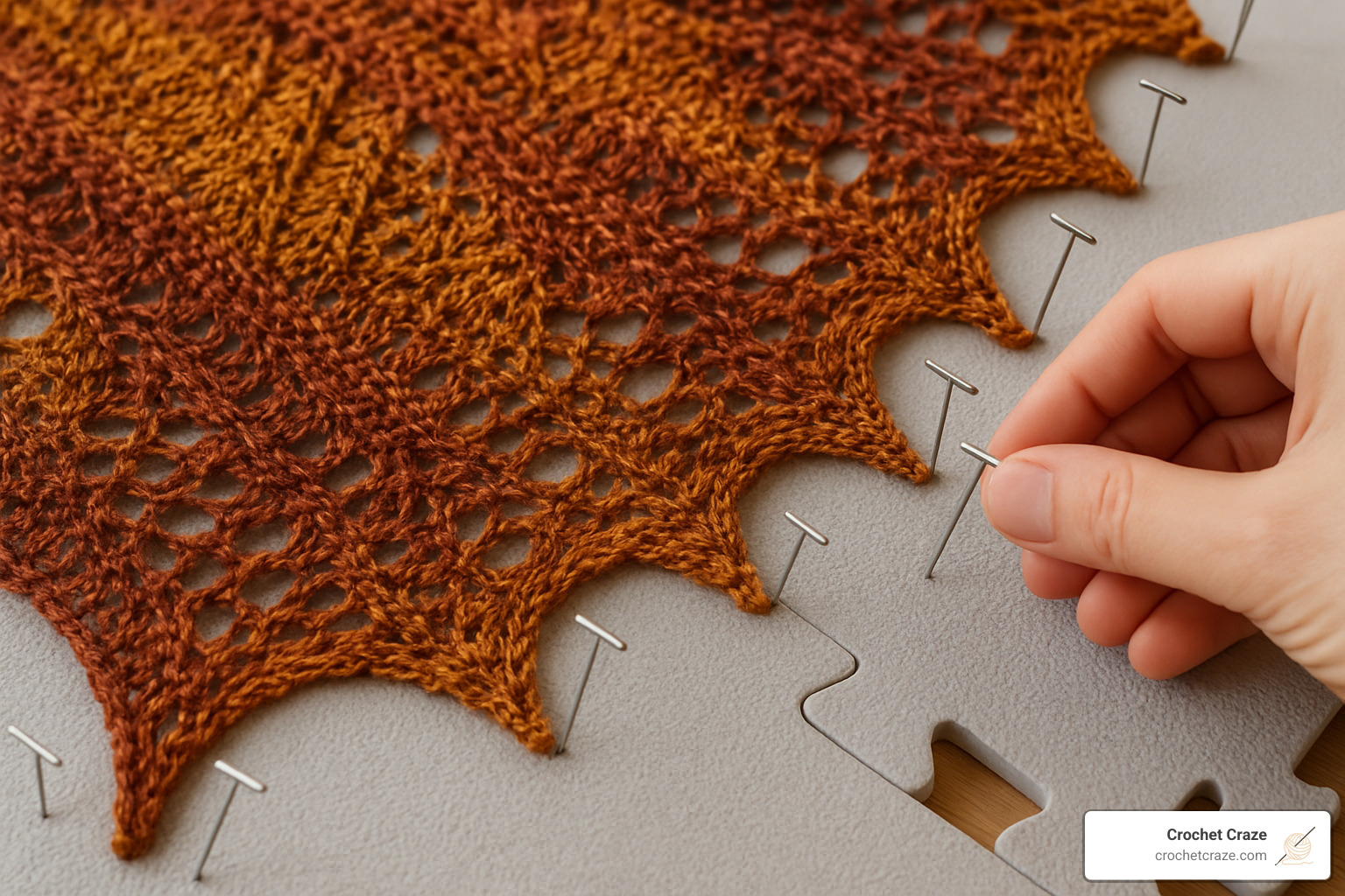 A knitted shawl being blocked on blocking mats with pins holding the edges in place - Easy knit shawl patterns