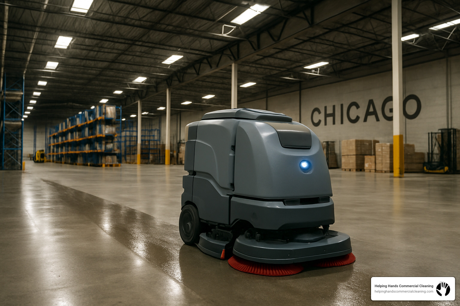 robotic floor scrubber in warehouse - industrial cleaning chicago
