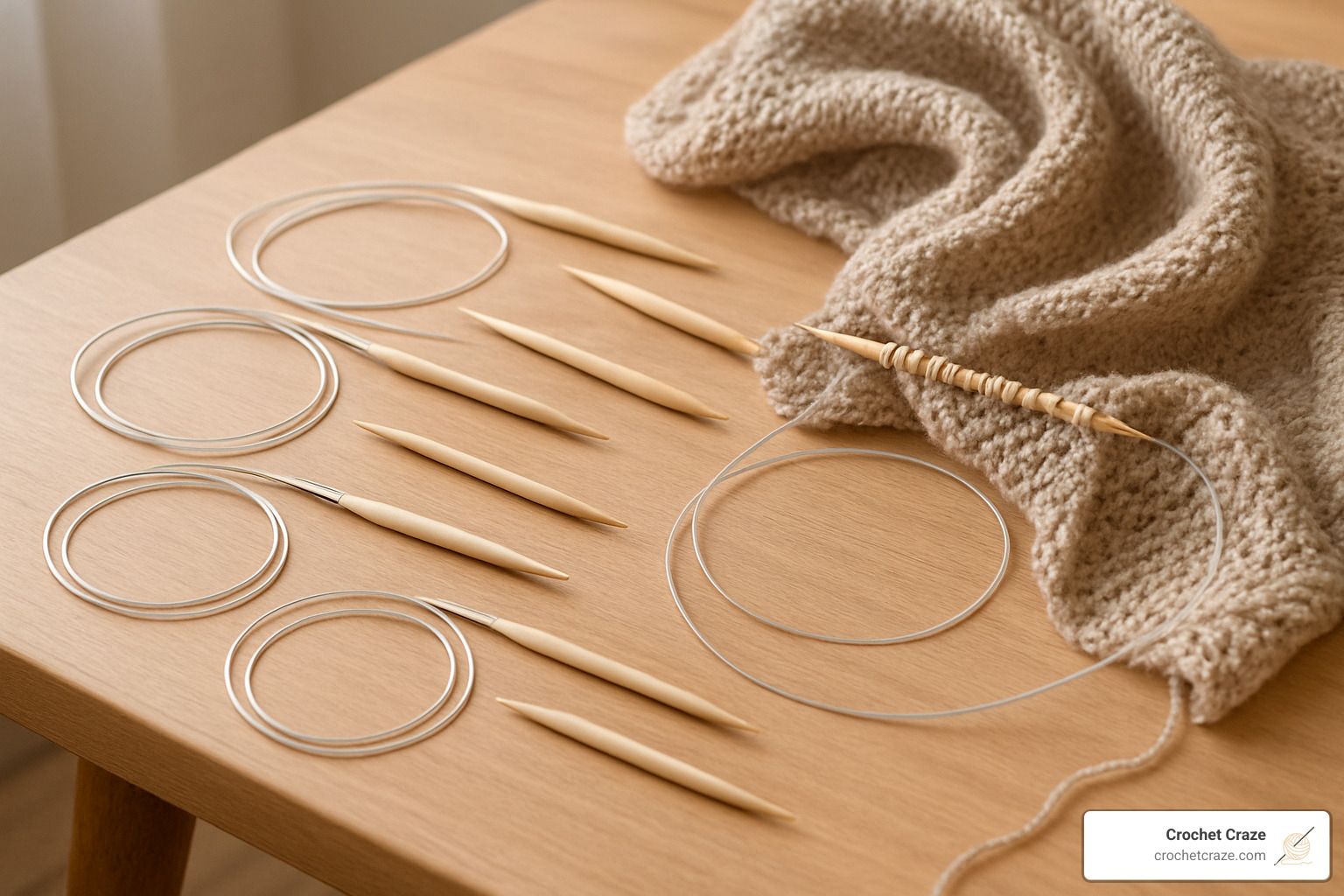 Circular knitting needles in various sizes laid out with a partially completed shawl - Easy knit shawl patterns