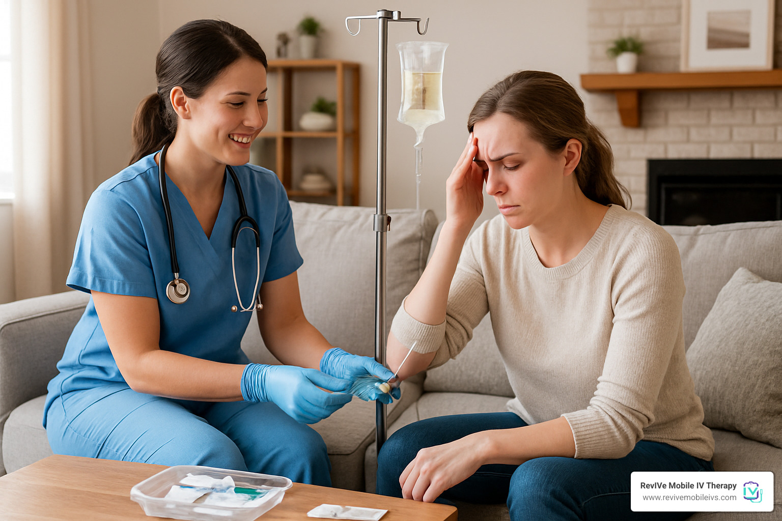 Mobile IV therapy nurse providing treatment to migraine patient at home - IV migraine treatment