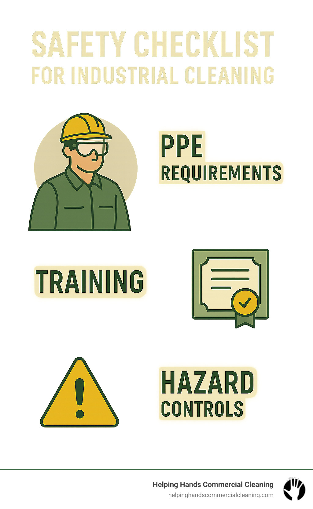 Safety checklist for industrial cleaning showing PPE requirements, training certifications, and hazard controls - industrial cleaning chicago infographic 