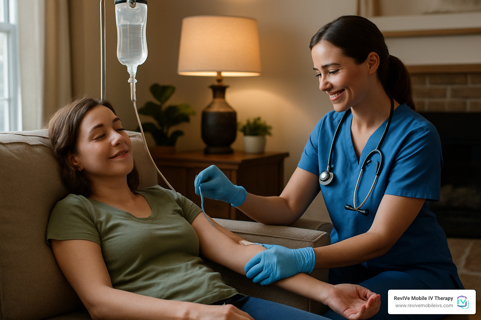 Person receiving IV migraine treatment at home while resting comfortably - IV migraine treatment
