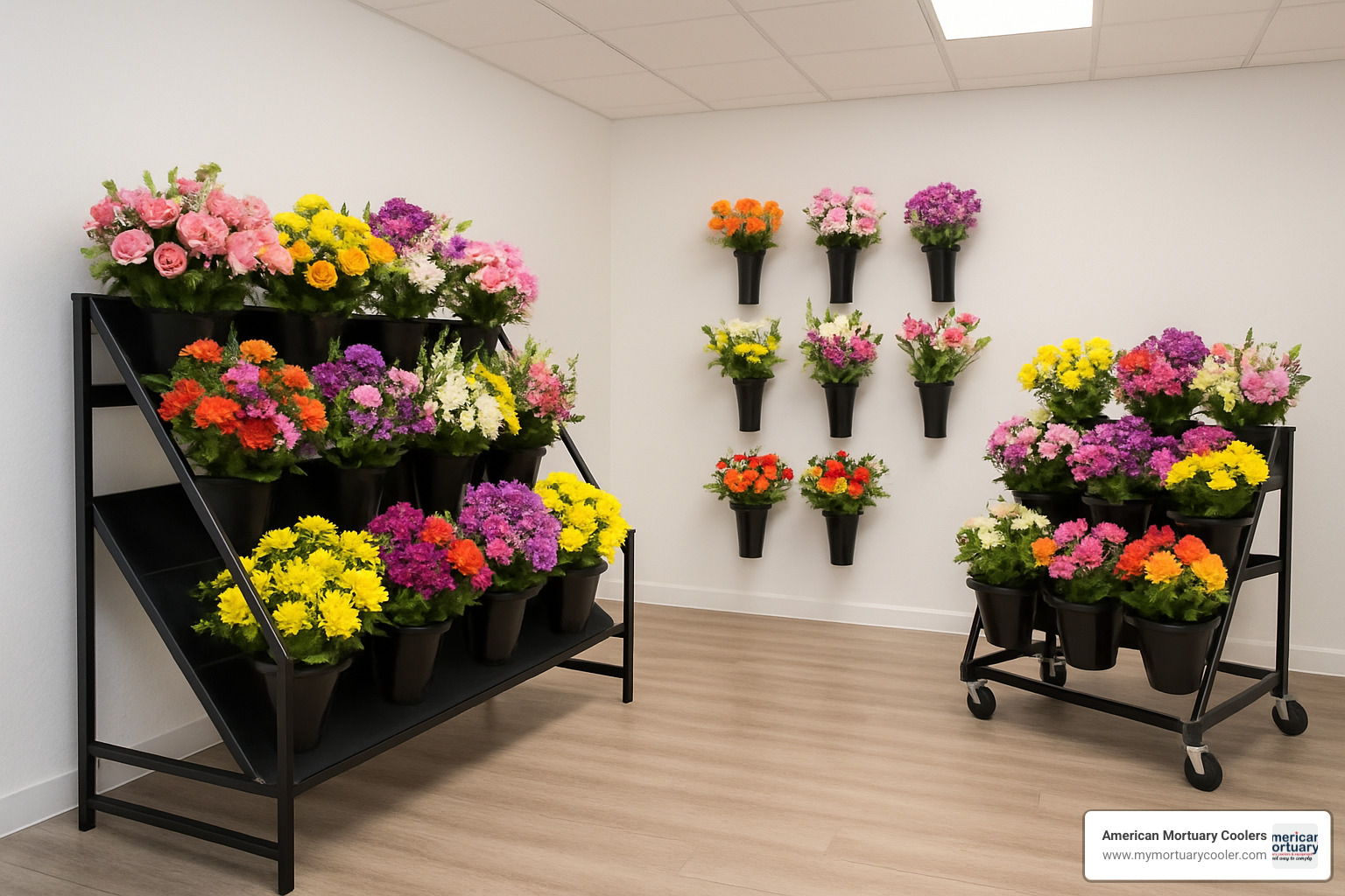 Various types of floral display racks including tiered, wall-mounted, and mobile options - floral display rack