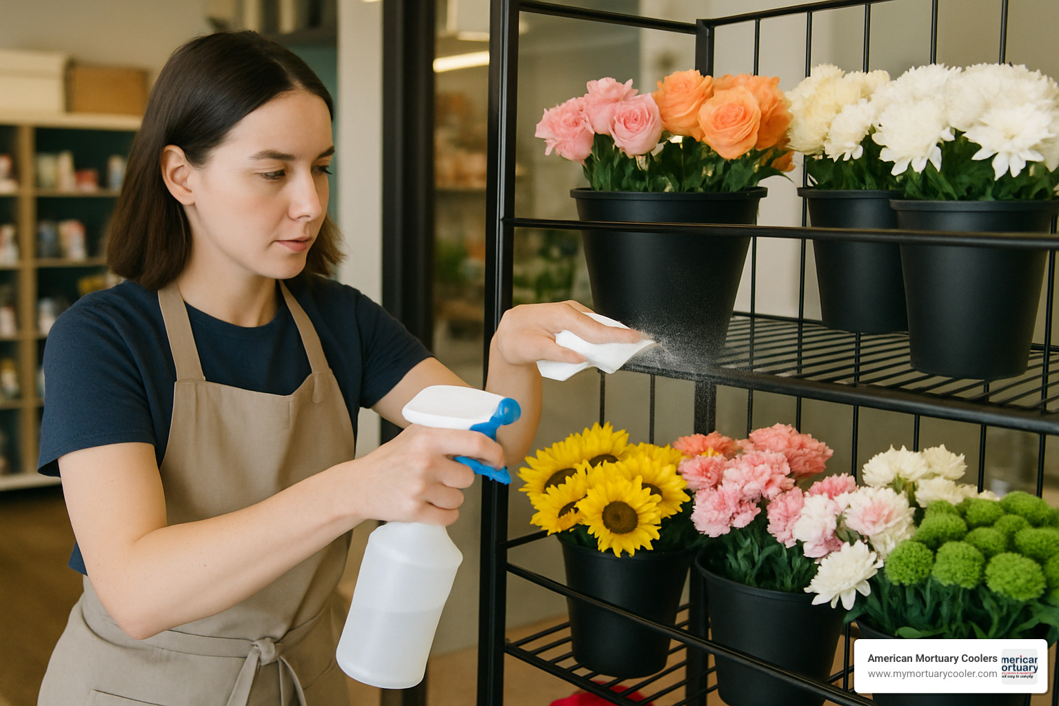 Person sanitizing a floral display rack with proper cleaning solution - floral display rack