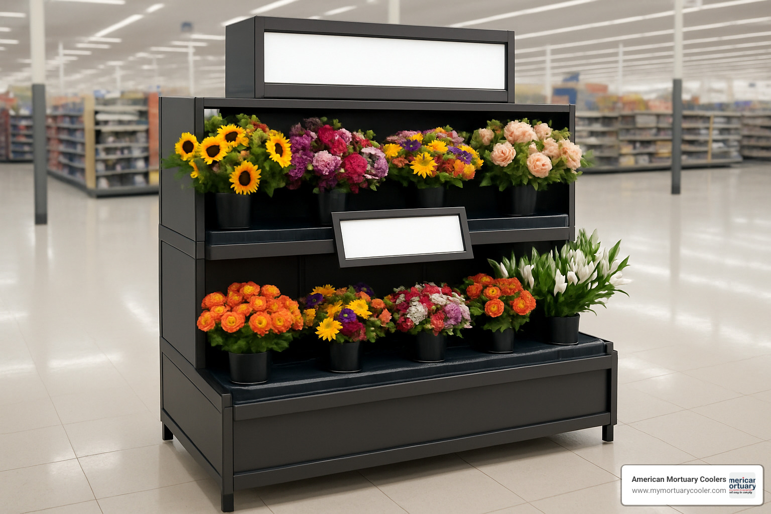 Modular floral display rack with integrated signage and waterbed system - floral display rack