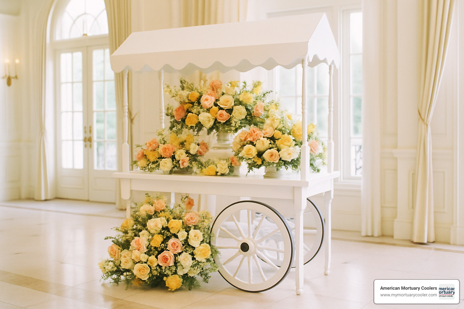 Wedding flower cart display with tiered arrangement and coordinated color scheme - floral display rack