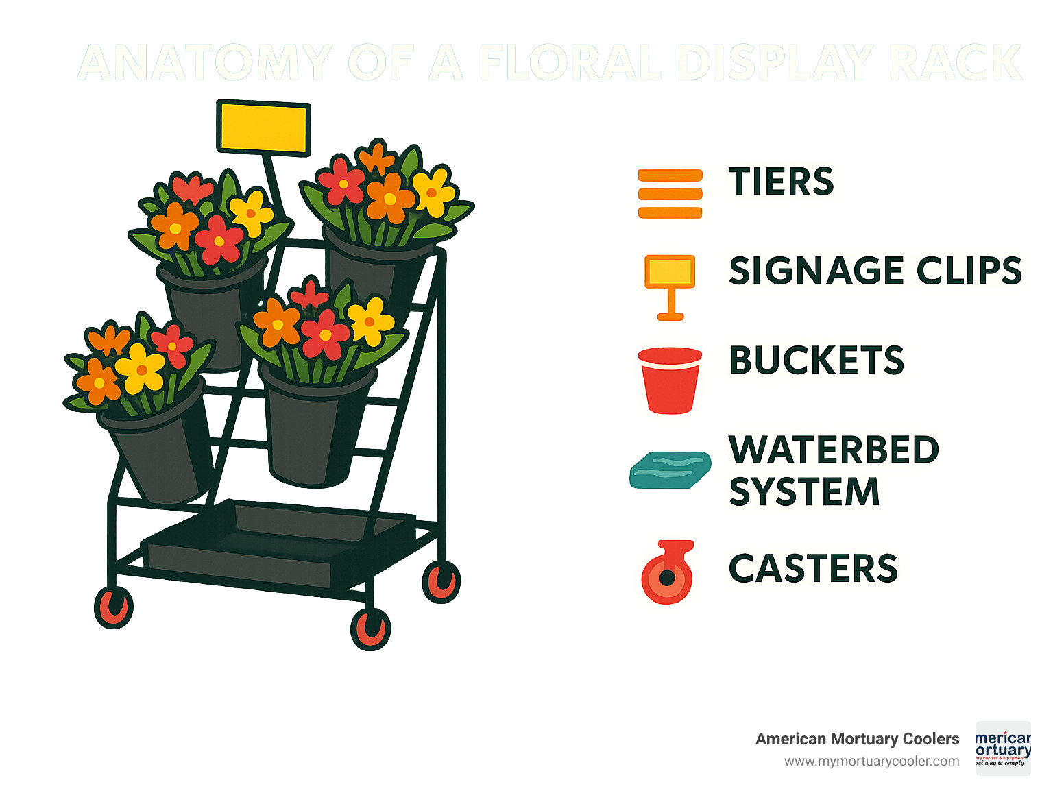 Anatomy of a floral display rack showing key components including tiers, buckets, casters, waterbed system, and signage clips - floral display rack infographic 