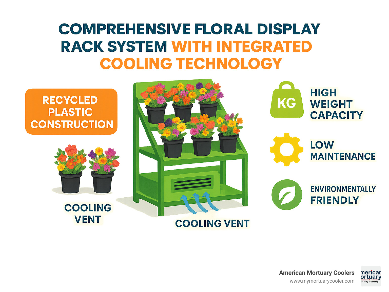 Comprehensive floral display rack system with integrated cooling technology - floral display rack infographic 