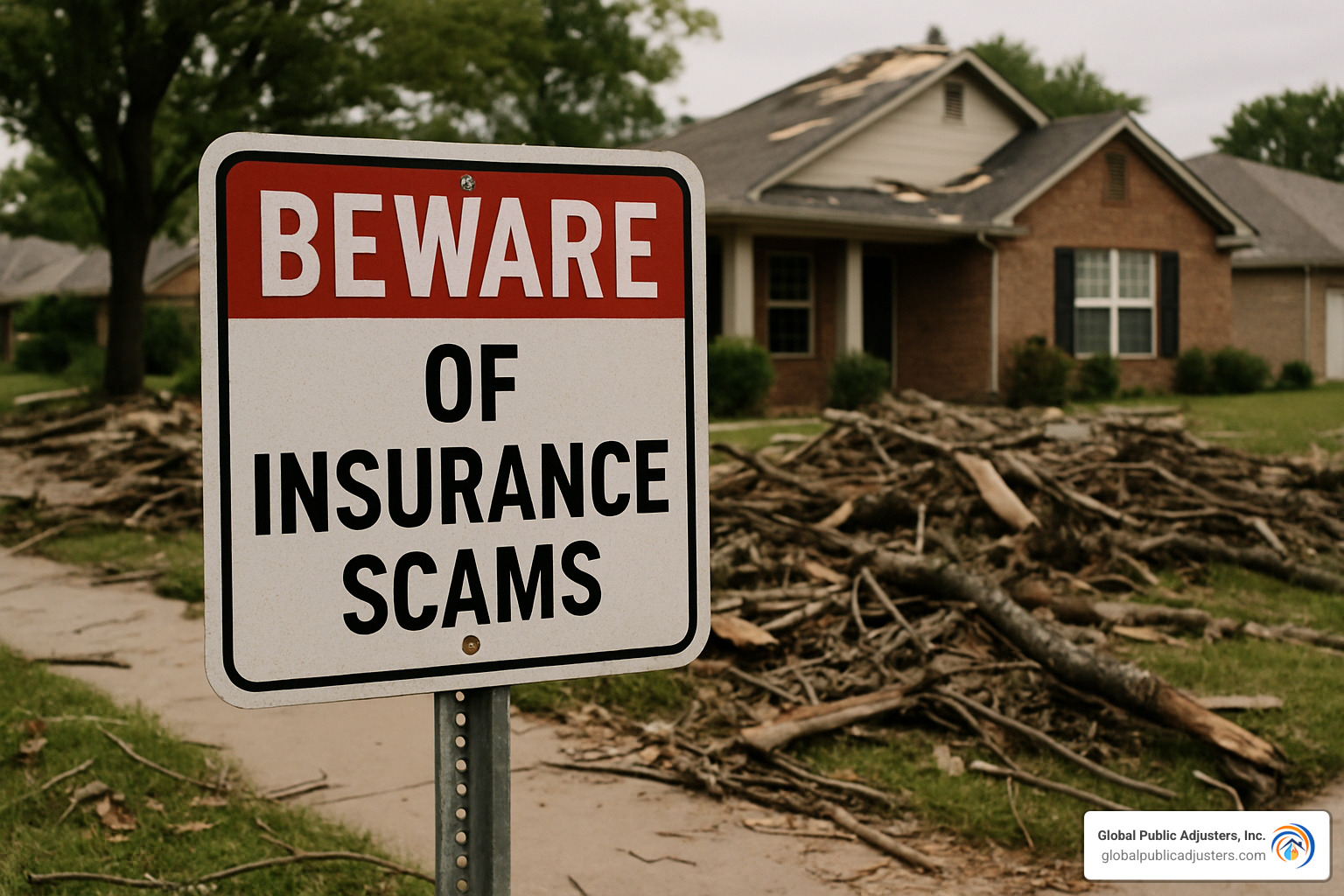 Caution sign warning about post-storm insurance scams
