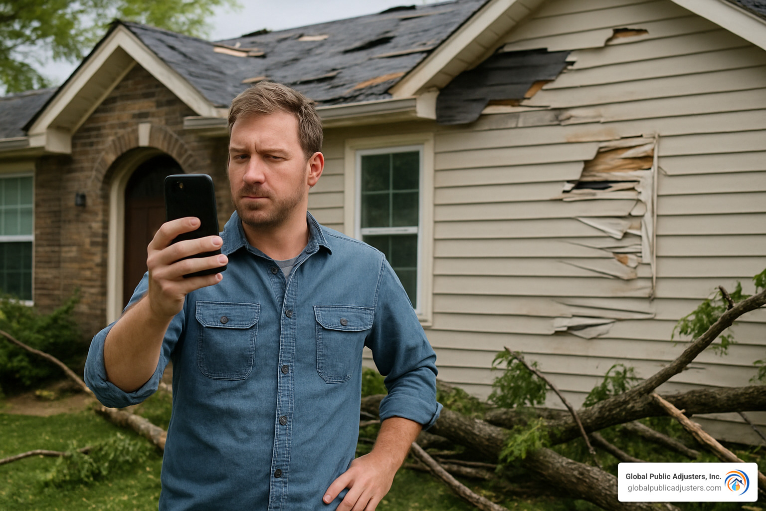 Homeowner photographing roof damage for an insurance claim