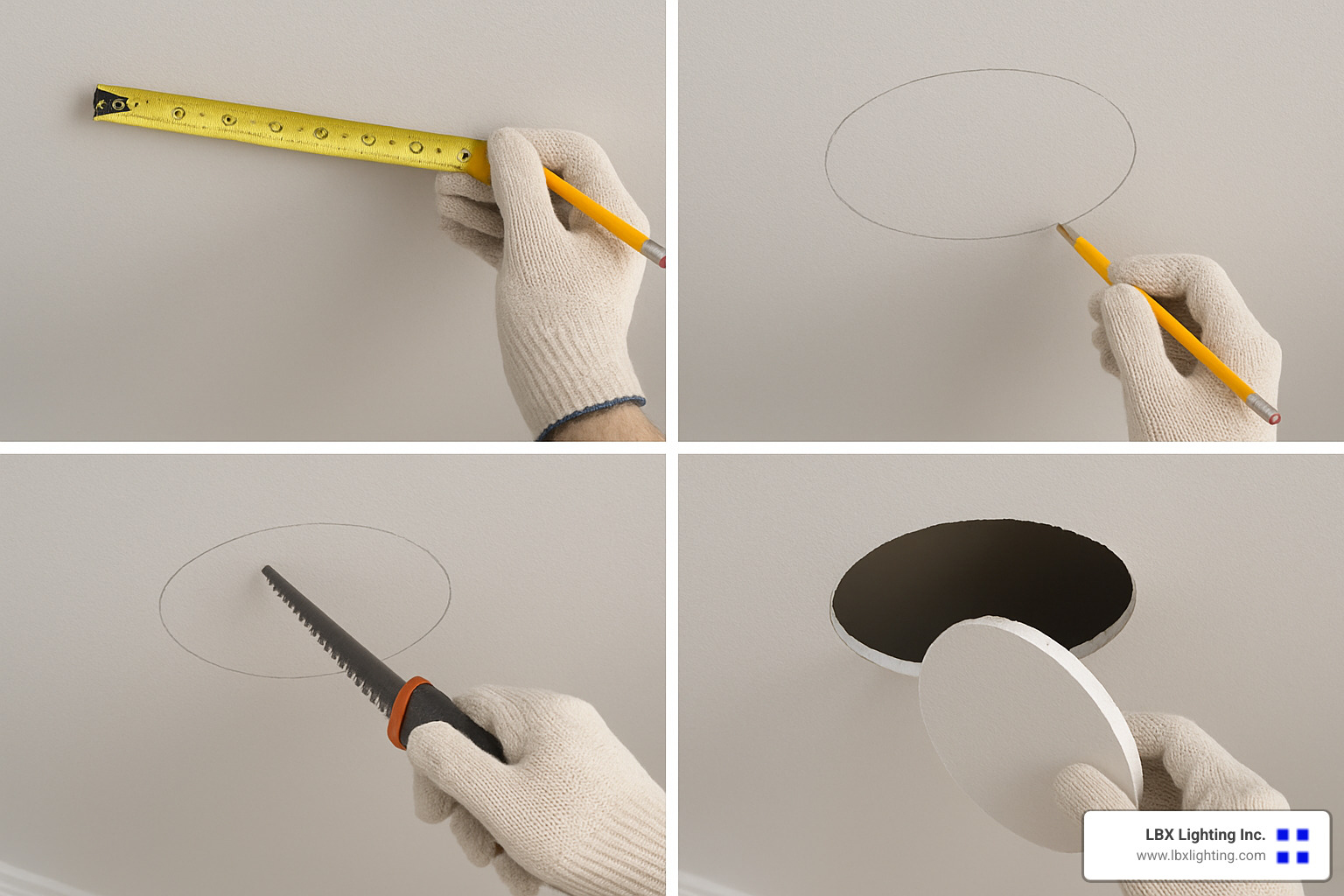 Step-by-step ceiling cutout for recessed lighting installation - LED recessed lighting fixtures