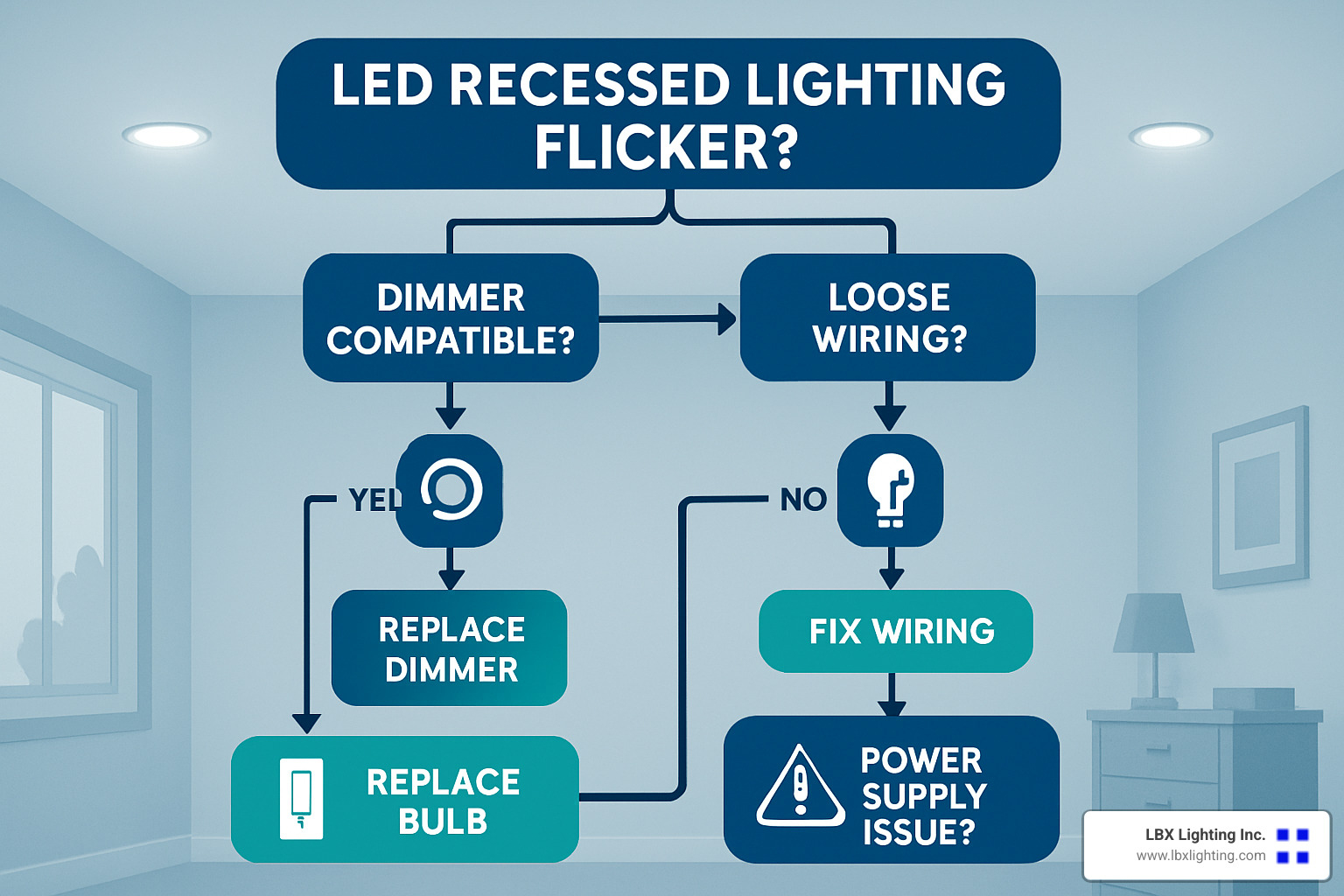 Diagnostic flowchart for LED recessed lighting flicker issues - LED recessed lighting fixtures