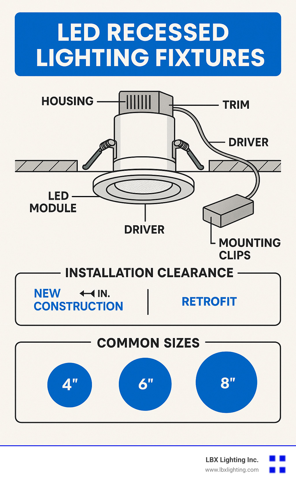 Detailed diagram showing components of LED recessed lighting fixtures including housing, trim, LED module, driver, mounting clips, and installation clearance requirements with annotations for different types of installations (new construction vs retrofit) and listings of common sizes (4", 6", 8") - LED recessed lighting fixtures infographic 