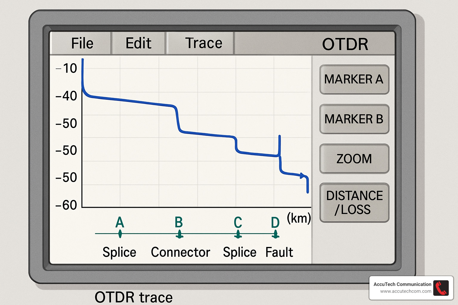 OTDR trace showing various events along a fiber link - Fiber Optic Technology