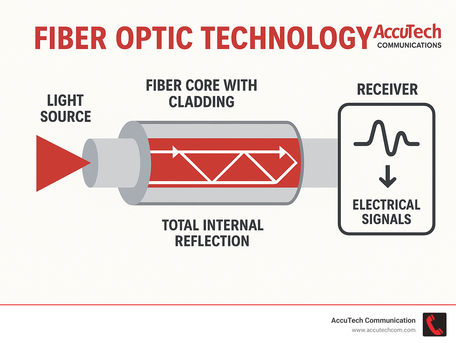 Diagram showing fiber optic technology data transmission process including light source, fiber core with cladding, total internal reflection, and receiver with conversion back to electrical signals - Fiber Optic Technology infographic