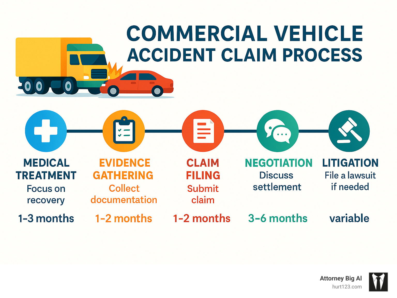 Commercial vehicle accident claim process showing timeline of medical treatment, evidence gathering, claim filing, negotiation, and potential litigation with average timeframes for each stage - commercial vehicle injury lawyer infographic 