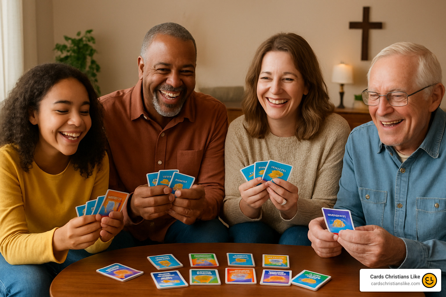 Family playing christian card games together - christian card games