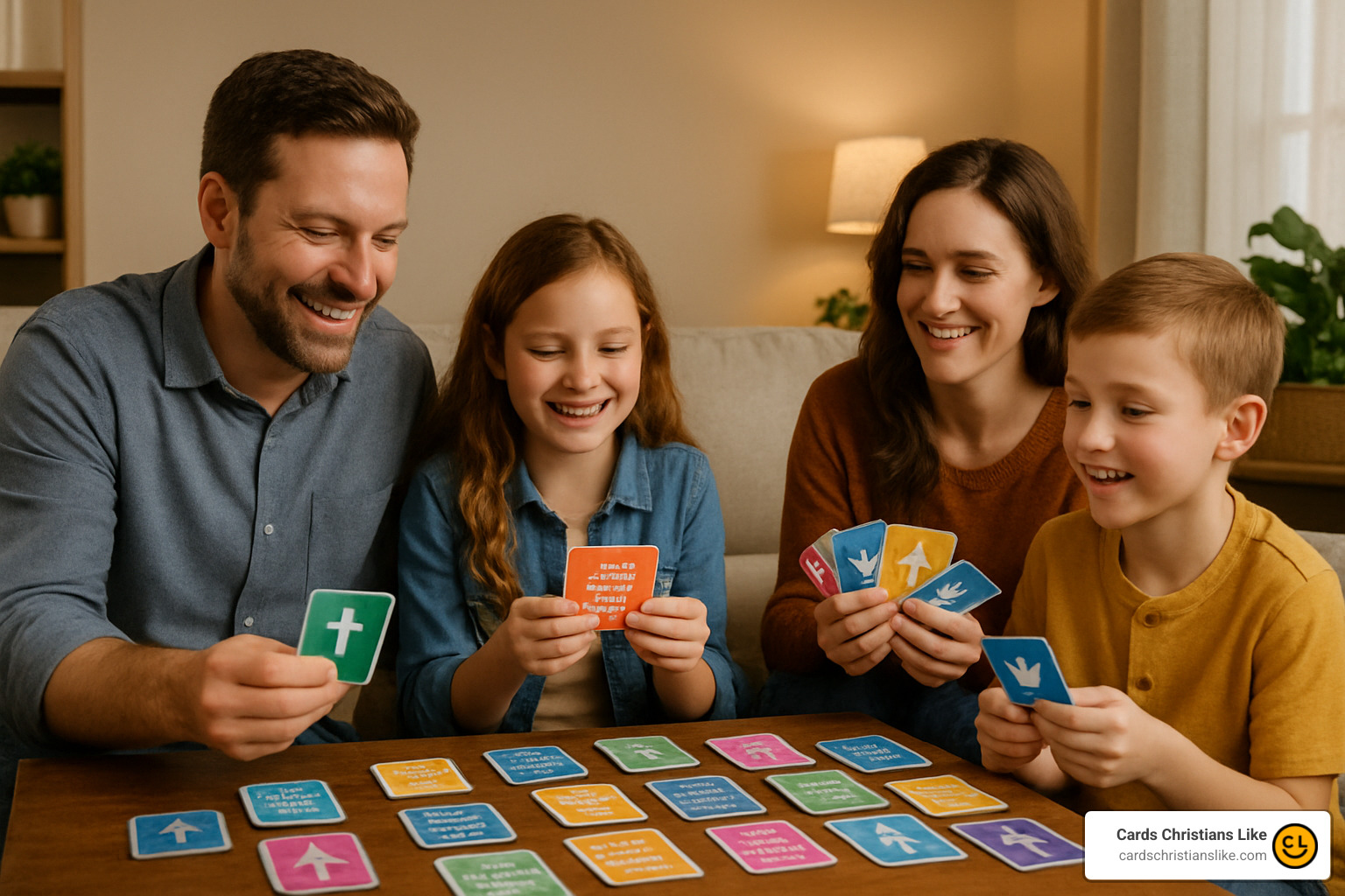 Family enjoying screen-free time with christian card games - christian card games