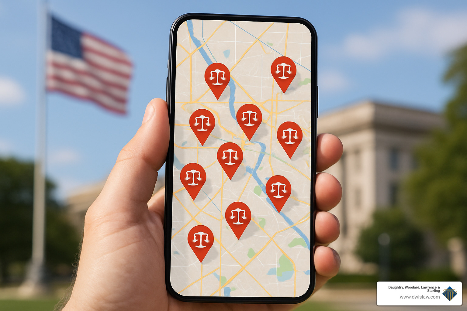 smartphone showing map with attorney locations - injury attorney near me